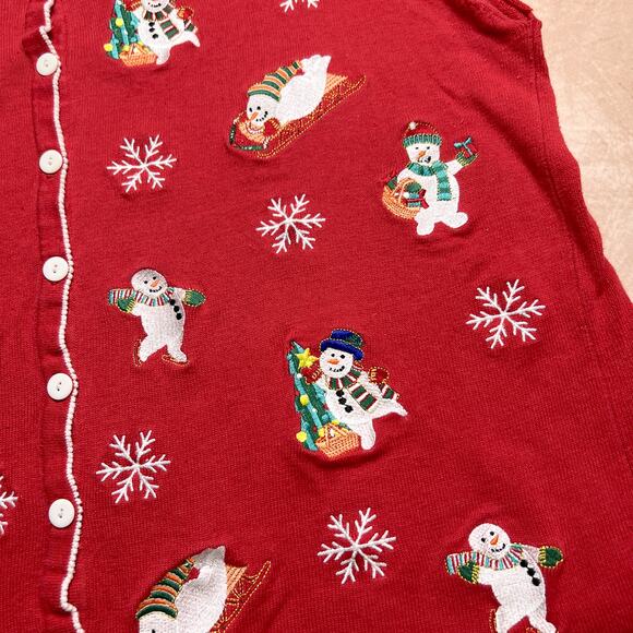 Vintage 90s Terazzo Embroidered Snowman Sleeveless Holiday Vest Knit Christmas - Picture 5 of 7